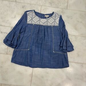 LOFT Blue Woven Top with White Crochet Yoke & Ruffle Sleeves